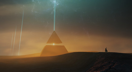 surreal sci fi landscape, magical pyramid in desert landscape 3d illustration