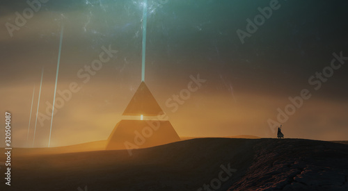 Cuadros en Lienzo surreal sci fi landscape, magical pyramid in desert landscape 3d illustration