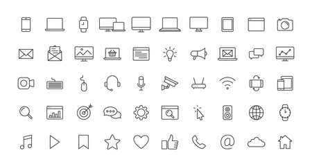 Wall Mural - Set of Device and technology and electronics web icons in line style. Computer monitor, smartphone, tablet and laptop. Vector illustration.