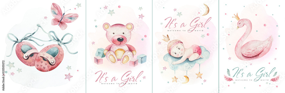 Baby shower watercolor girl design elements. Set of baby pink birthday illustration. Newborn party invitation - obrazy, fototapety, plakaty 