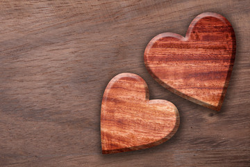 Two wooden heart shaped ,Wood heart shape background.