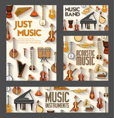 Sticker - Classic orchestra, jazz and folk music instruments posters. Vector acoustic music concert and sound band festival, piano, gramophone, Russian balalaika and Greek sitar, African drums and Japanese biwa