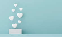 The Heart Floats Up Out Of The White Box On A Pastel Light Blue Background. Valentine Sweet Concept.