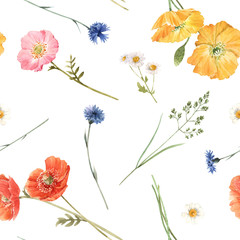 Canvas Print - Beautiful floral summer seamless pattern with watercolor hand drawn field wild flowers. Stock illustration.