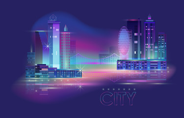 Wall Mural - Night city panorama with neon glow. Vector illustration.