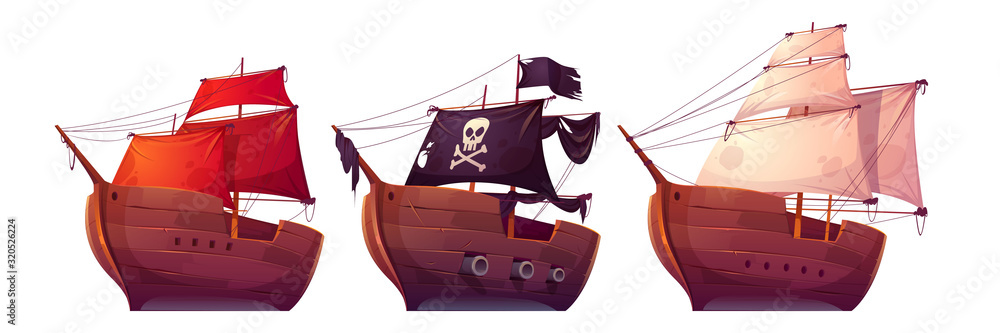 Vector sail boats with white, red and black sails. Pirate ship with black flag, cannons, skull and crossbones on canvas. Cartoon set of old wooden ships, vintage galleons isolated on white background - obrazy, fototapety, plakaty 