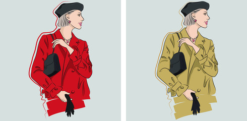 Fashion illustration. A girl in a stylish coat, beret, with a handbag and gloves, for the cover of a magazine, advertising, social networks.