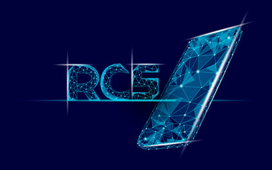 RCS 3D inscription. Polygonal letters Rich Communication Services glowing light effect. Cyberspace innovation web communication online app. Digital messenger media concept vector illustration