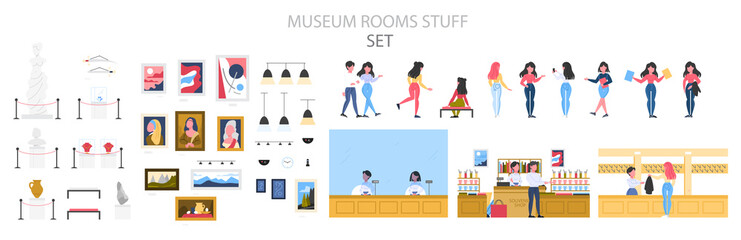 Museum interior, exhibition and visitor set. People in the museum.