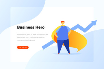 Wall Mural - Super Hero Man with Cloak standing with Growing arrow Flat vector illustration. Grow Business Landing Page design template