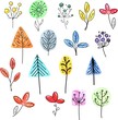 vector set, twigs, leaves, watercolor trees with doodles in watercolor