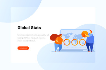 Wall Mural - Man and Woman stands near World Map with Statistics Diagrams to Plan strategy Flat vector illustration. Landing Page design template