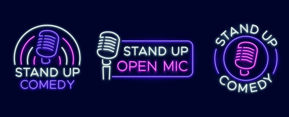 Poster - Standup show signs. Neon comedy club and open microphone icons. Comedian entertainment and event vector symbols. Illustration stand up comedy and humor, signboard with microphone