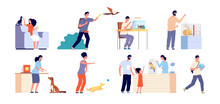 Pet Owner. Woman With Pets, Dog Adoption. Scenes People And Wild Or Domestic Animals. Humans With Cat, Birds Or Reptile Vector Illustration. Characters With Pets, Bird And Puppy, Parrot And Tortoise