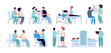Medical Check Up. Doctor Checking Patient, Eyes Test And Physical Health. Hospital Pre Operation Procedures. Male Female Checkup Vector Set. Medical Doctor, Patient Diagnostic Illustration