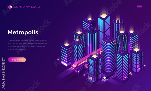 Fotografía Smart city metropolis isometric landing page, futuristic town with subway train transport and cars riding among tall skyscraper buildings on neon glowing background