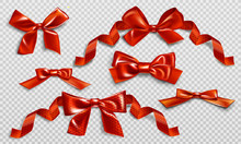 Red Bows With Curly Ribbons And Heart Pattern Set