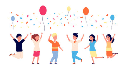 Sticker - Children birthday party. Happy kids jumping, balloons and confetti. Cartoon child, dancing characters. Group of friends vector illustration. Happy children party, birthday fun celebration