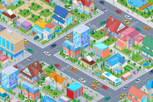 Isometric Smart City District With Different Buildings Flat Vector Illustration. Houses Cottages Administrative Architecture With Street Cars Trees
