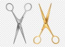 Realistic Scissors. Silver And Gold Metal Classic Scissors Tool Mockup, Hairdresser Or Tailor Instrument Isolated Vector Set