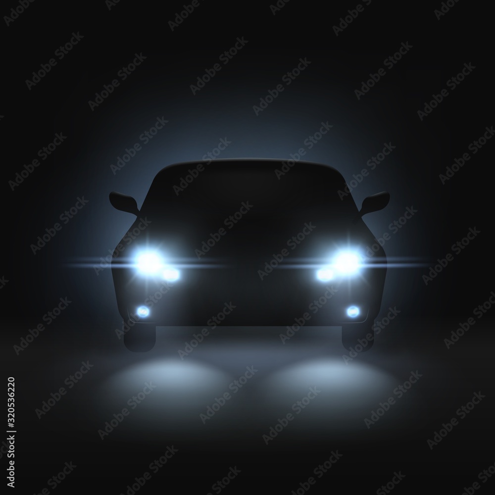Car headlights. Realistic car with bright headlights in dark, rays light and white blur shadows, night automobile silhouette vector mockup - obrazy, fototapety, plakaty 