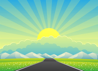 Wall Mural - Beautiful landscape with a road to the mountains on a background of sunrise.