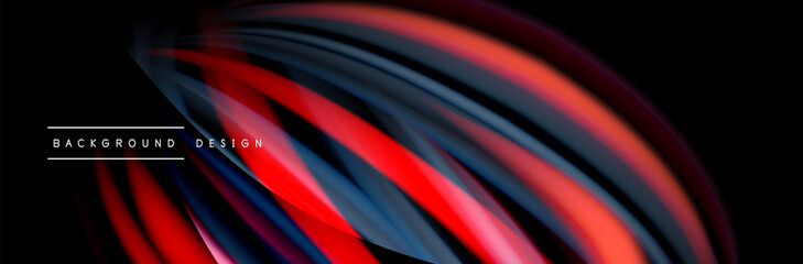 Сolorful flow poster. Wave liquid lines and shapes in black color background. Vector Illustration