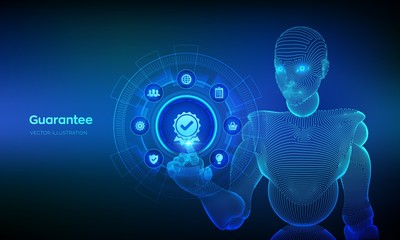 Wall Mural - Guarantee, Warranty, Standards, Satisfaction, Quality assurance, ISO certification and standardization concept. Sign of the top service. Robotic hand touching digital interface. Vector illustration.