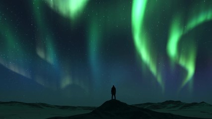 animations of spectacular bright realistic aurora borealis landscape. tourist man on mountain.time l