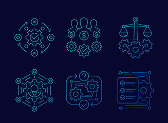 Sticker - business process, innovation and finance linear icons set