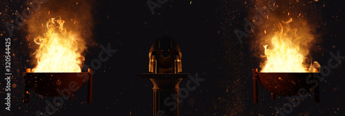 Fotomural 3d rendering of ancient greek Sparta type helmet laying on greek column and ligh