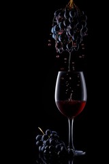 Red wine. Splashes of grapes flow into a glass on a black background.. Isolated on black background. Border art design