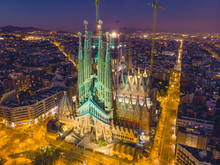 La Sagrada Familia In Night - Cathedral Designed By Antoni Gaudi, Which Is Being Build Since 1882 And Is Not Finished Yet February 14, 2019, In Barcelona, Spain.
