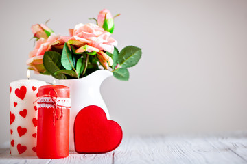 Wall Mural - greeting card with flowers and heart. background with copy space. selective focus.