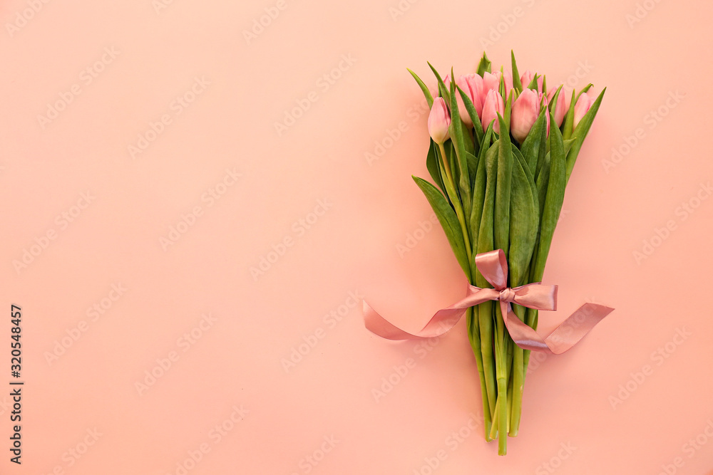 Fresh flower composition, bouquet of bi color tulips, pale pink and white gradient background. International Women's day, mother's day greeting concept. Copy space, close up, top view, flat lay. - obrazy, fototapety, plakaty 