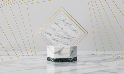 Wall Mural - White geometric marble podium with bright background. Product presentation. 3d rendering - illustration.