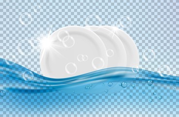 Canvas Print - Clean dishes. White plates, water and soap bubbles vector illustration. Dish wash, utensil and bubble soap