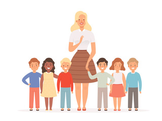 Sticker - Teacher with kids. Group of young pupils standing in school with their young teacher vector education concept. Schoolchild kindergarten, childhood school with teacher illustration