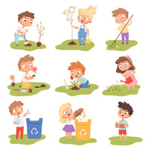 Kids Planting. Happy Children Gardening Digging Picking Plants Eco Weather Protect Tree Vector Set. Gardening Illustration Of Kids With Shovel Watering And Planting