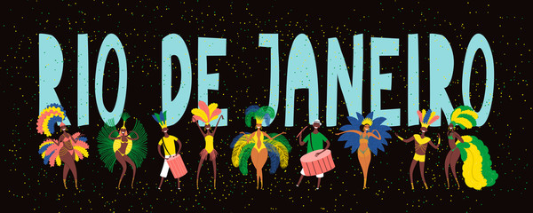 Hand drawn vector illustration with dancing people in bright costumes, drummers, feathers, confetti, text Rio de Janeiro. Flat style design. Concept for Brazilian carnival poster, flyer, banner.