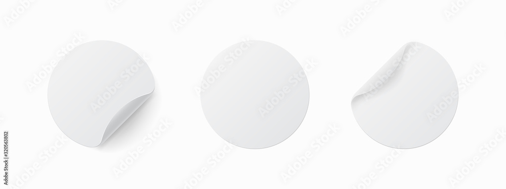 Realistic template of white round paper. Adhesive sticker with curved edge isolated on white background. Vector illustration - obrazy, fototapety, plakaty 