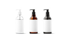 Blank Transparent, Amber, Black Glass Bottle With White Label Mockup