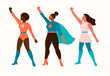 Superheroes women characters. Wonder female hero character in superhero costume with waving cloak disguise fitness female muscular pose game figure. Super girls cartoon vector isolated icon set.