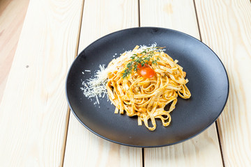 Wall Mural - Homemade Pasta with Cheese on the Wooden Background, Healthy Food, Free Space for Text