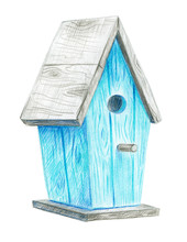 Blue Wooden Birdhouse Isolated On White Background.
