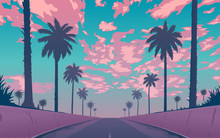 Evening Road With Palm Trees. Palm Trees Against The Background Of The Purple Sunset. Vector Illustration