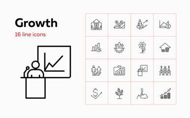 Growth line icon set. Analysis, investment portfolio, presentation. Business concept. Can be used for topics like career promotion, income, investment, success