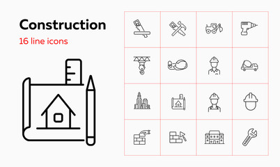 Wall Mural - Construction site line icon set. Architect, blueprint, concrete mixer, brickwork. Construction concept. Can be used for topics like real estate, engineering, architecture, building works