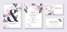 .Botanical Wedding Invitation Card Template Design, White Magnolia Flowers And Leaves. Template Design With Highly Detailed, Vector, Realistic, Spring Flowers. Collection Of Save The Date And RSVP.