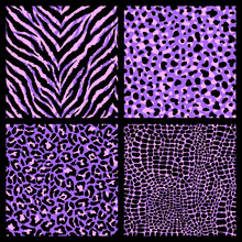 Set Of 4 Neon Purple And Pink Animalistic Seamless Pattern In 80s-90s Style. Exotic Animal Background. Leopard, Zebra, Crocodile, Jaguar Prints.